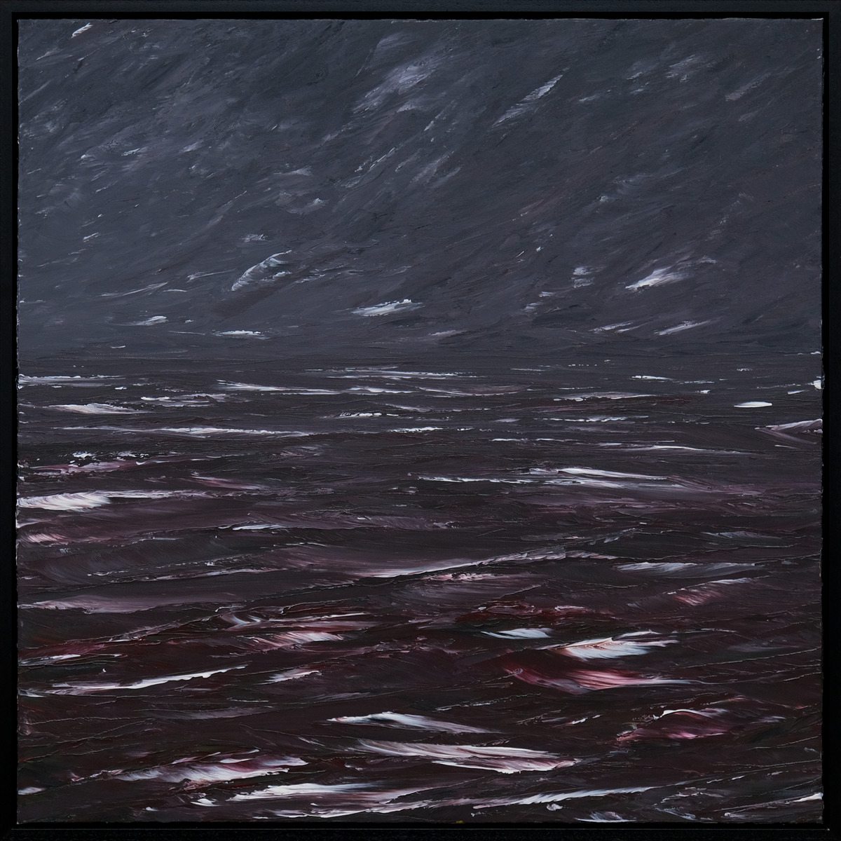 A seascape with diagonal marks across a grey sky above charcoal, wine-red and violet water, broken by white strokes in a black frame.