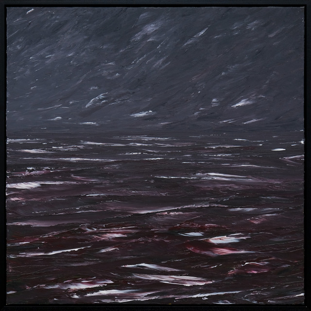 A seascape with diagonal marks across a grey sky above charcoal, wine-red and violet water, broken by white strokes in a black frame.