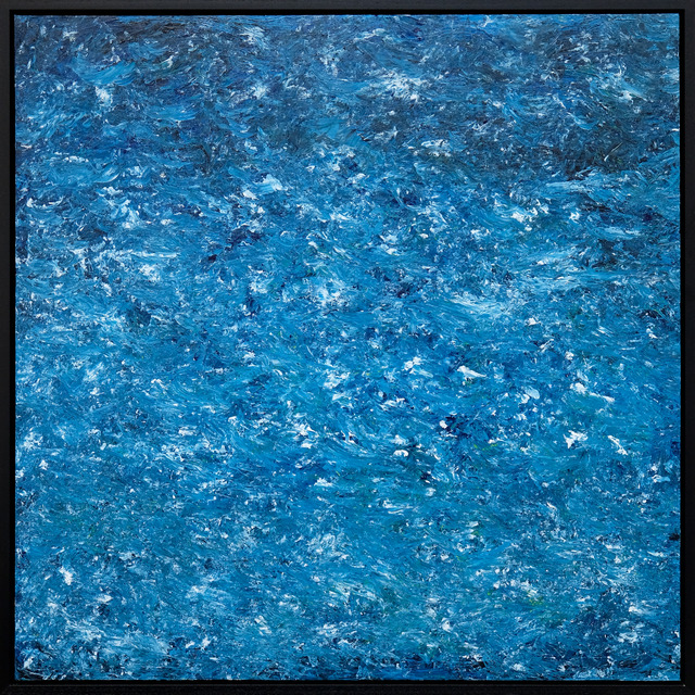 A densely textured bright blue and turquoise painted surface with dark blue and white marks, presented in a black frame.