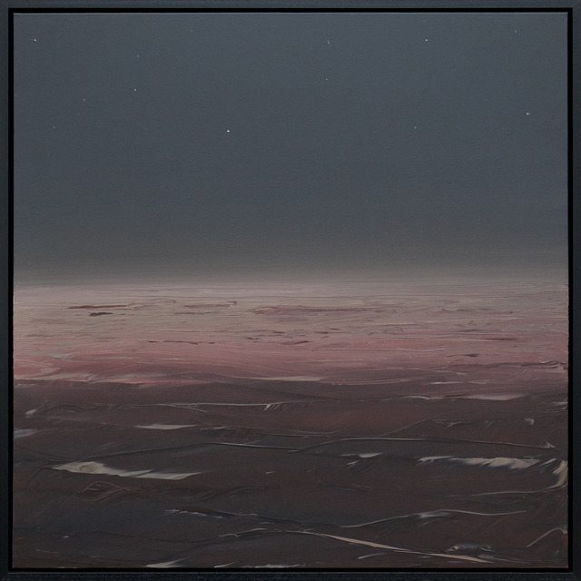 A seascape with a dark sky dotted with small pale points above a pink horizon and dusky waves in a black frame.