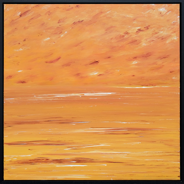 Orange and golden-yellow sea and sky with scattered rust-red marks and fine white strokes, enclosed by a black frame.