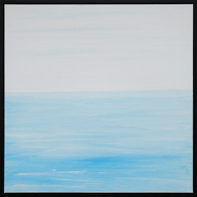 A pale sky meets light blue water with soft white marks and brighter blue passages across the foreground, presented in a black frame.