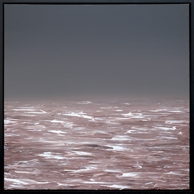 A grey sky meets a muted rose-brown sea, with white wave marks across the water, presented in a black frame.